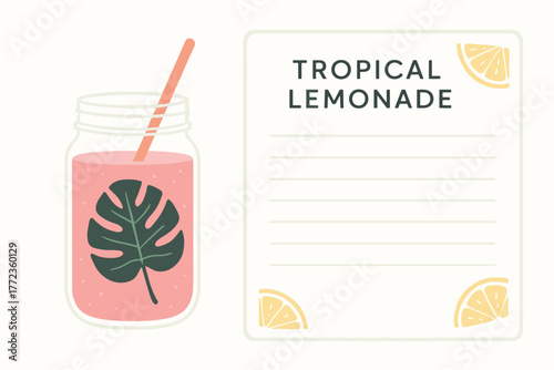 Bright tropical illustration of a pink lemonade jar with straw, large leaf, and recipe card. Perfect for summer drinks, healthy lifestyle, branding, menus, and refreshing beverage design.