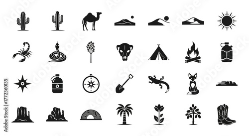 A comprehensive set of solid black glyph icons depicting desert life, wild west adventure, and nature symbols isolated on white background