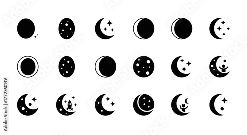 Collection of minimalist moon icons showing lunar phases, crescents with stars, and celestial night symbols. Kufu style black vector graphics set