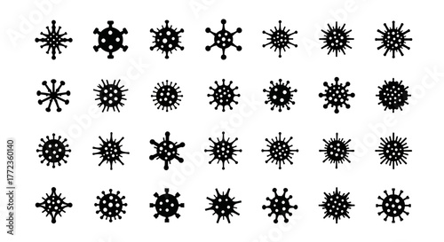 A diverse collection of black virus icons, showcasing various stylized forms of coronavirus, bacteria, and microbe symbols for design