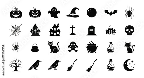 A collection of black silhouette Halloween icons for graphic design. Includes spooky symbols like pumpkins, ghosts, skulls, and haunted houses