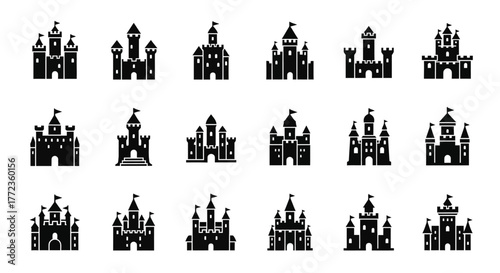 A versatile set of solid black glyph icons depicting various fairytale castles, royal palaces, and medieval fortresses