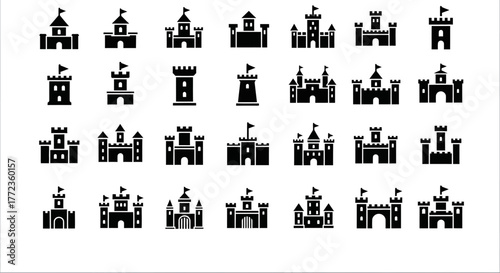 A diverse collection of black glyph icons representing medieval castles, fortresses, and towers. Simple vector symbols for history and fantasy themes