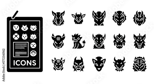 Creative collection of stylized monster glyphs, featuring demonic beast heads and mythological creature faces for emblem design