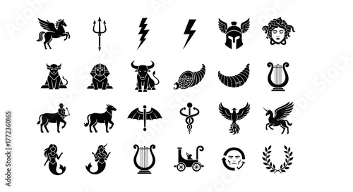 Ancient Greek mythology icon collection featuring legendary creatures, gods, and symbolic artifacts