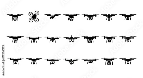 Various drone icon designs and quadcopter symbols presented in a simple black and white vector set for technology and surveillance concepts