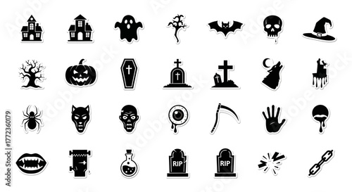 Collection of spooky Halloween solid glyph icons featuring a haunted house, pumpkin, ghost, and other classic horror symbols for design