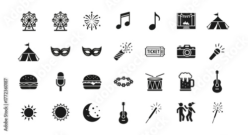 A comprehensive set of solid black glyph icons representing music festivals, carnivals, and party celebrations on a clean white background