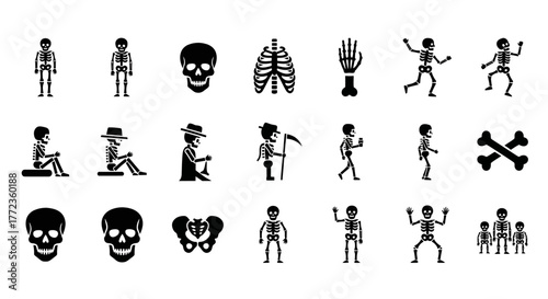 A comprehensive icon set of human skeletons and bones, featuring figures in various activities and isolated anatomical parts like the skull and ribs