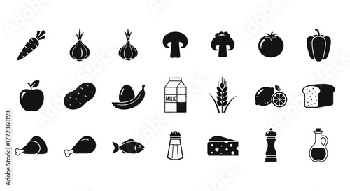 Collection of black glyph icons representing various food groups, including vegetables, fruits, dairy, and proteins for nutrition concepts