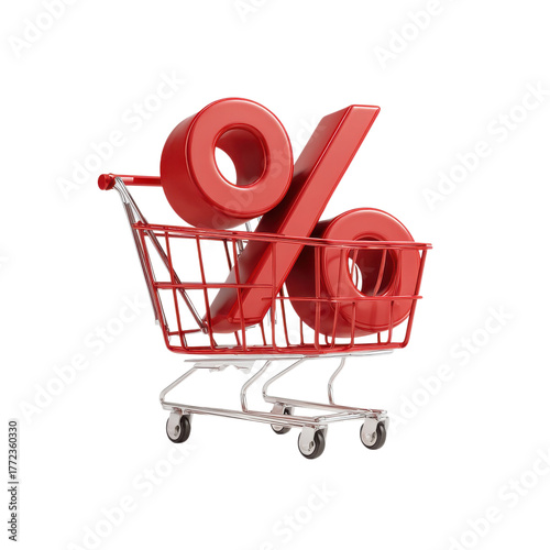 A red shopping cart holds oversized percentage symbols, highlighting discounts during a shopping sale