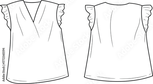 Women’s sleeveless blouse flat sketch with ruffle sleeves and V-neckline, fashion CAD template front and back technical drawing