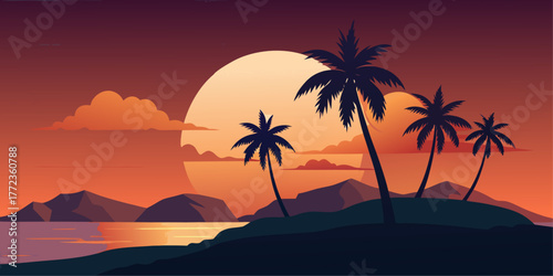Tropical Sunset Silhouette with Palm Trees and Ocean