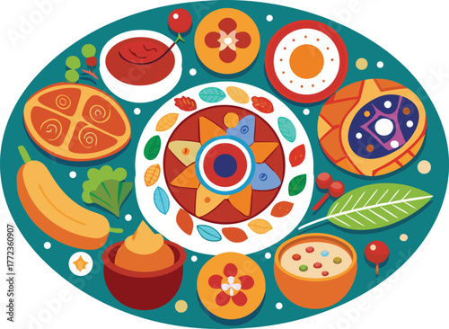 Artistic circular platter with multicultural food icons arranged decoratively