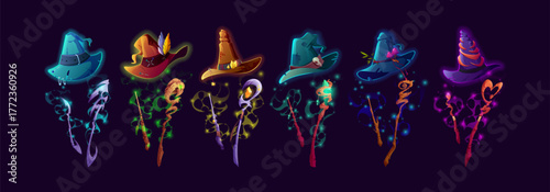 Witch hats, wands and staffs cartoon vector set