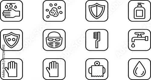 Essential hygiene icons for safety and cleanliness, modern healthcare and sanitation signs set
