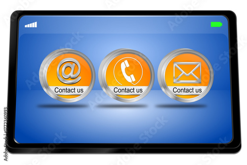 Tablet computer with Contact us Button - 3D illustration