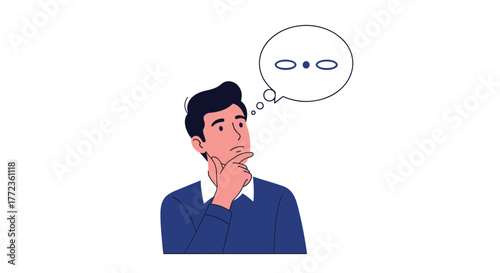A thoughtful man ponders deeply, his hand on his chin, with a perplexed expression in his thought bubble representing contemplation and problem-solving.