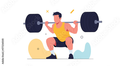 A strong man in athletic wear performs a barbell back squat, demonstrating proper form and strength training in a fitness setting.