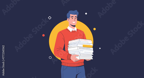 An illustration of a man with a friendly expression diligently carrying a large quantity of papers, signifying business or studies.