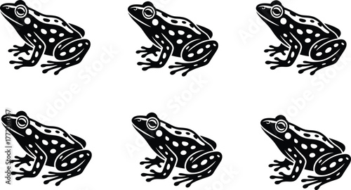 Six stylized black frogs with white polka dots arranged in two rows, clean white background
