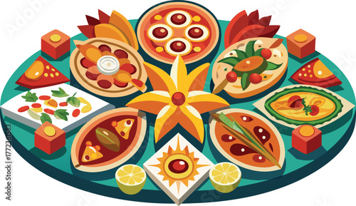 Artistic fusion platter with diverse international appetizers arranged symmetrically.