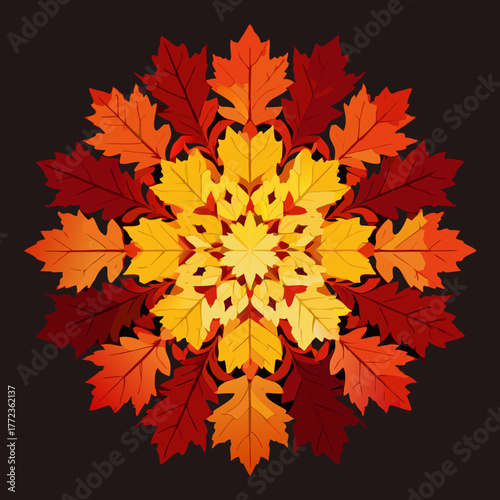 Autumn leaf mandala vector with ornamental flourishes and mixed leaves
