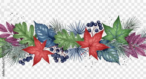 Elegant seasonal vector border with colorful leaves, berries, and pine