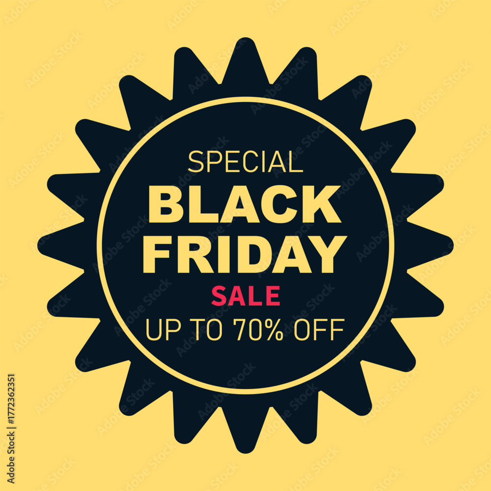 Naklejka premium Black Friday square banner on yellow background with inscription. Template, layout, poster and banner for sales, discounts, Black Friday, Cyber Monday, advertising, promotion, website, store and