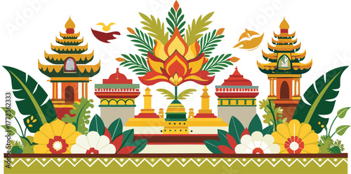 Balinese festival border with temple offerings, flowers, and tropical leaves, high detail.
