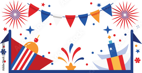 Bastille Day border with French flags, fireworks, and tricolor ribbons.