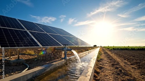 Solar panels on a farm with irrigation system flowing water in a sunny field