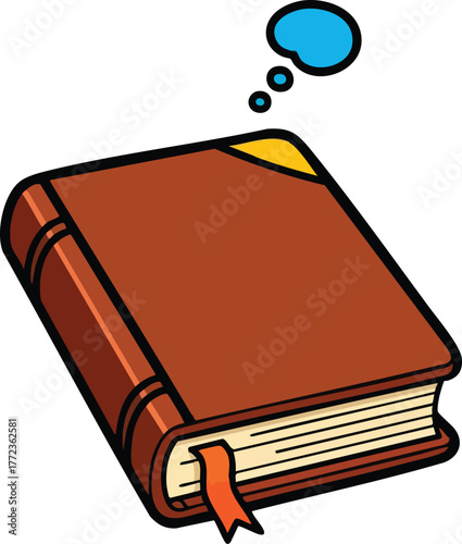 A Closed Brown Hardcover Book with a Yellow Corner Accent and a Small Orange Bookmark With a Blue Thought Bubble Above It