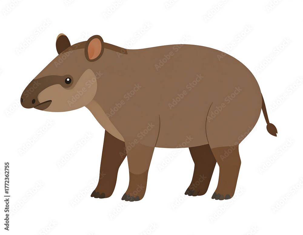 Fototapeta premium A side-view illustration of a brown tapir with a small, curved trunk. It stands alone