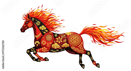 Ornate Decorative Running Horse Artwork with Chinese New Year Element Illustration