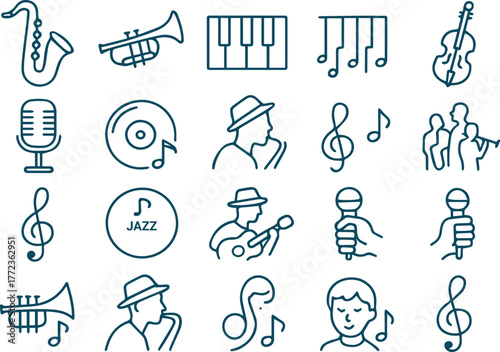 Line art illustration of jazz music instruments and musicians isolated on white background