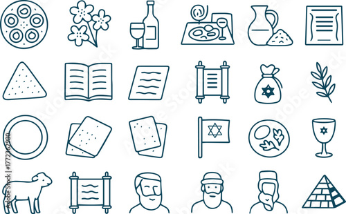 Line art illustration of passover seder symbols and jewish traditions isolated on white background