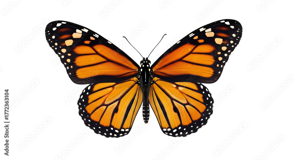 Fototapeta premium Title: Orange Monarch Butterfly in Motion — Dynamic Wing Detail Isolated on White Background 