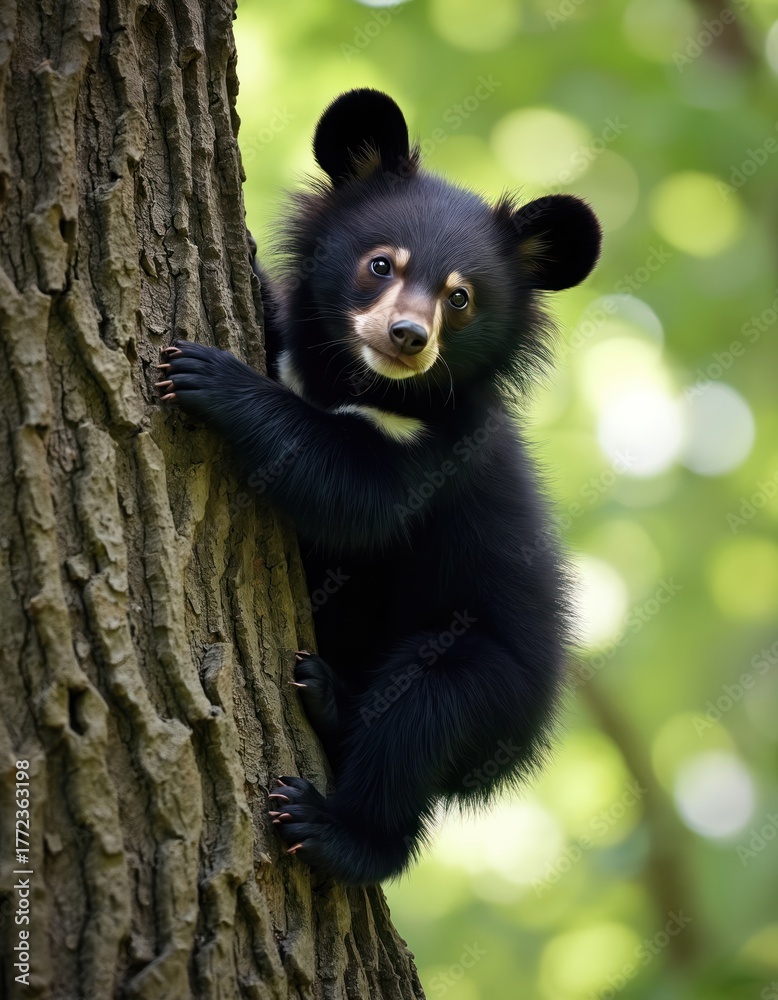 Obraz premium Young black bear cub climbs tree. Cute animal sits on branch looking. Furry wild cub is alone in nature. Wildlife protection concept. Funny bear baby face animal behavior.