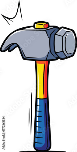 Cartoon Hammer Tool With Blue Handle Yellow Shaft And Grey Head Isolated On White