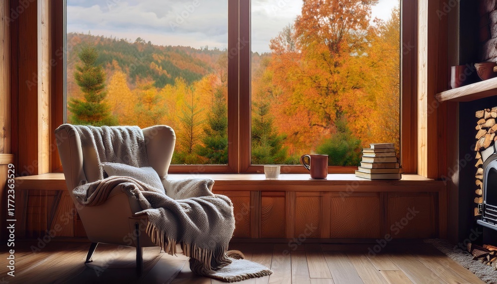 Fototapeta premium Cozy reading nook with a blanket on a chair, hot drink, and a window showing autumn foliage in the distance.