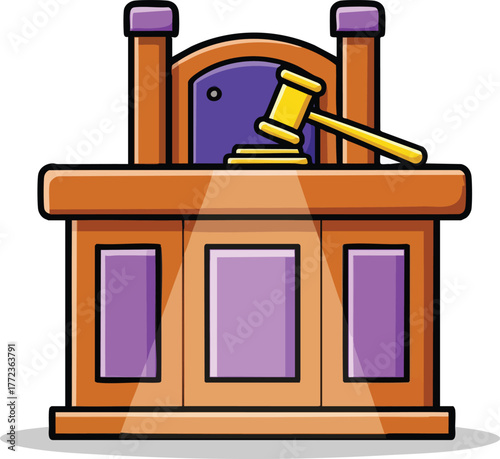 Courtroom Gavel And Judge's Bench With Purple Accents And Spotlight Illumination