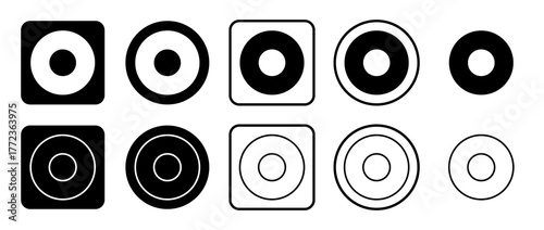 Icon set of record media symbol. Filled, outline, black and white icons set, flat style.  Illustration on transparent background