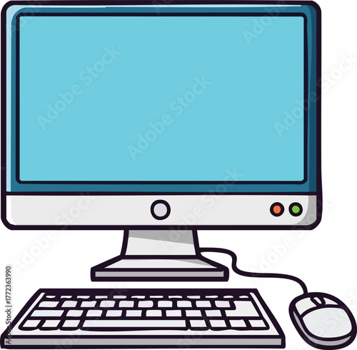 Desktop Computer Monitor With Keyboard And Mouse In A Light Blue Screen And White Background