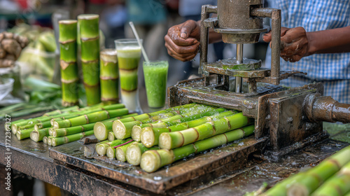 Fresh sugarcane juice being prepared at Cambodian street stall, showing local production and tropical refreshment concept