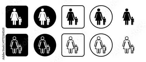 Icon set of woman with child symbol. Filled, outline, black and white icons set, flat style.  Illustration on transparent background