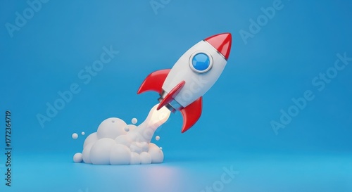Cartoon rocket ship taking off with smoke on a blue colored background
