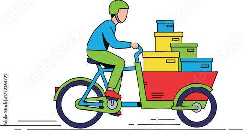 Man Rides A Cargo Bicycle Laden With Colorful Boxes Delivering Goods