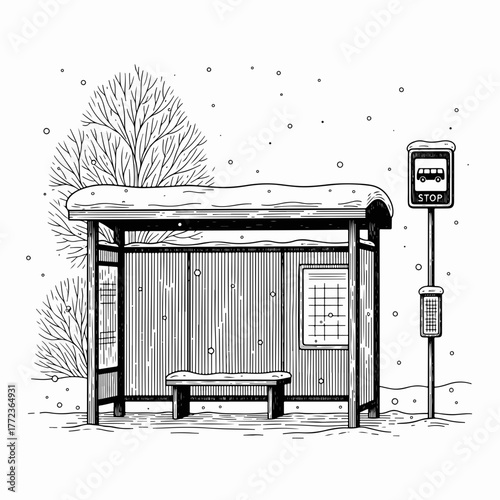 An empty bus stop in a winter snow scene. Hand-drawn black and white line art sketch. Urban public transportation graphic