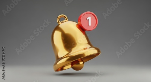 Golden notification bell with one new notification on gray studio background